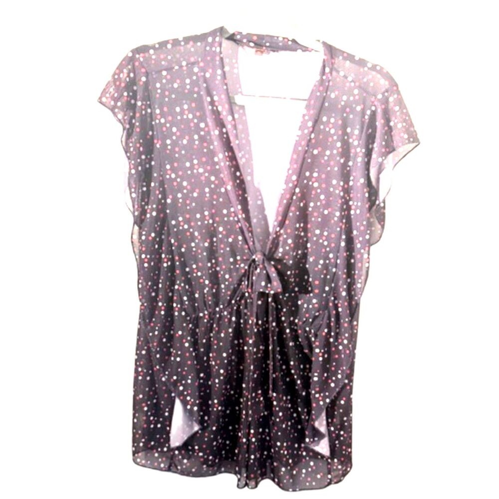 Chaus Classic Mesh Polka Dot Blouse Size XL Sheer Tie Front Flutter Sleeve Top